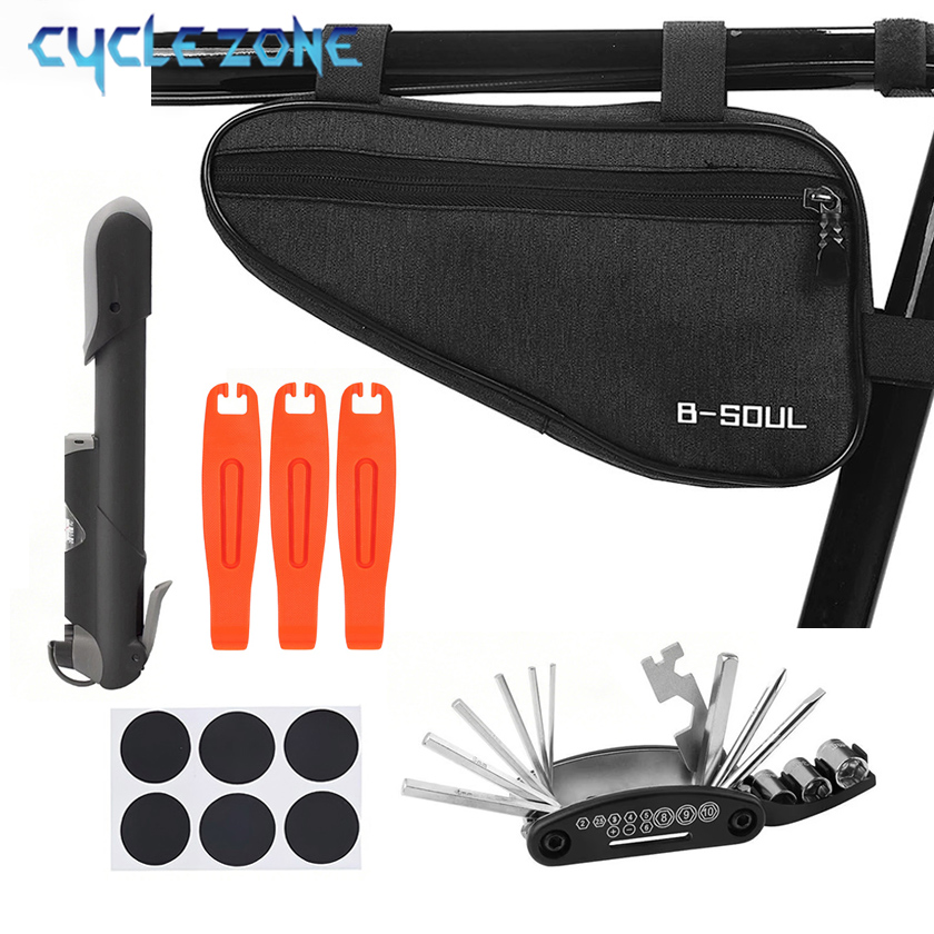 Cycling Gear Travel Bag - ชุดซ่อมจักรยาน กระเป๋าใส่ยางพร้อมปั๊มลมขนาดเล็ก ชุดเครื่องมืออเนกประสงค์ 16-in-1 พร้อมที่งัดยาง แผ่นปะยาง